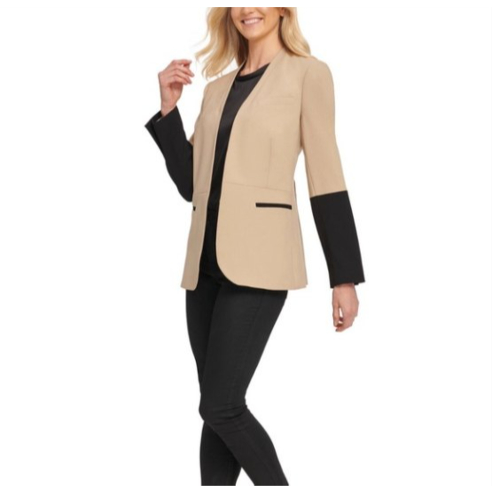 DKNY Open Front, Color Block Khaki/Black Women's Blazer Size 6 NWT